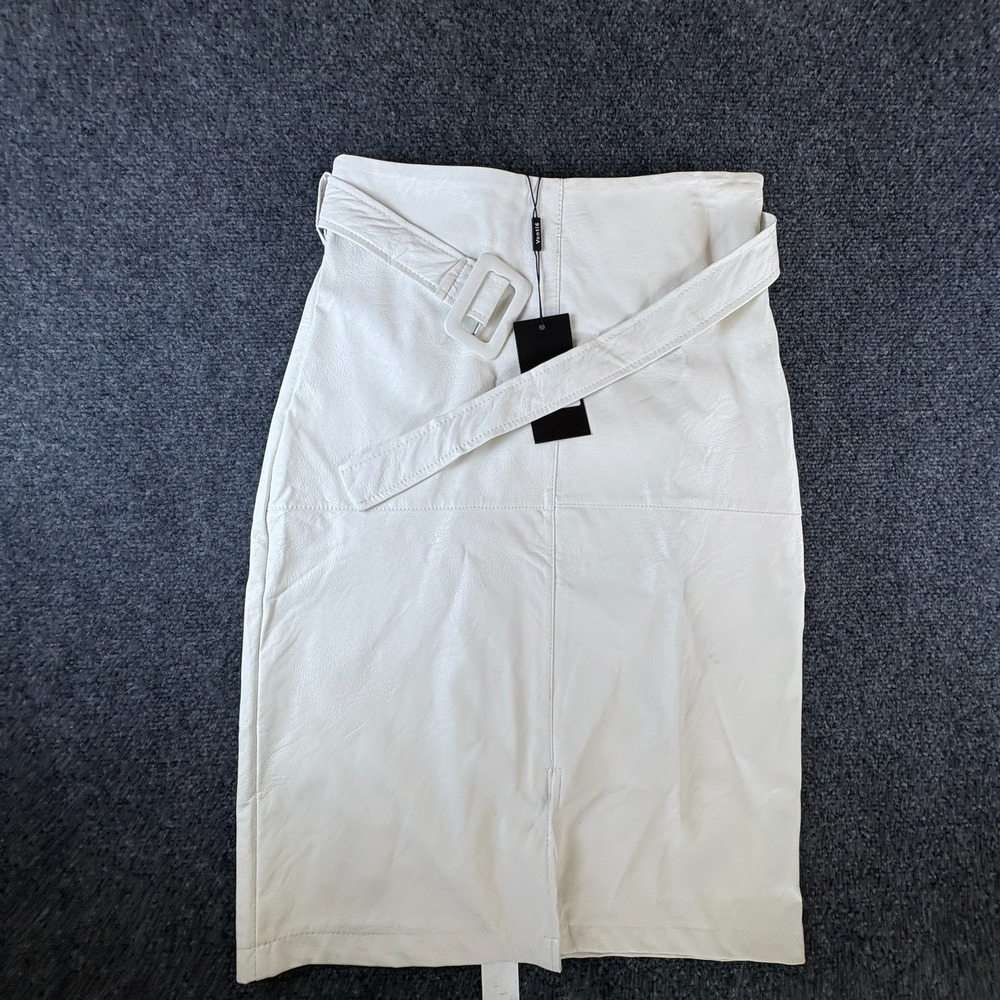 Venti6 Midi Pencil Skirt Womens M 28x24 Off White Faux Leather Belted Side Zip